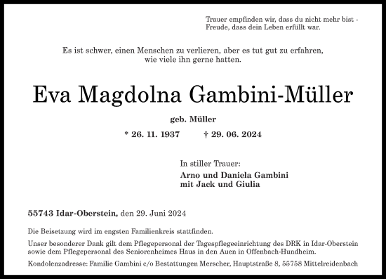 Traueranzeige von Eva Magdolna Gambini-Müller von Nahe-Zeitung