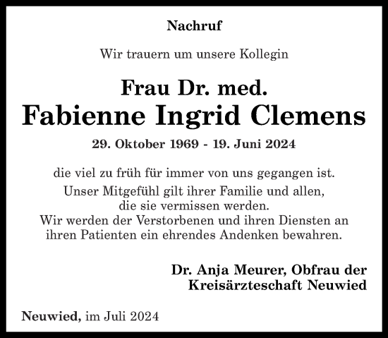 Traueranzeige von Fabienne Ingrid Clemens von Rhein-Zeitung