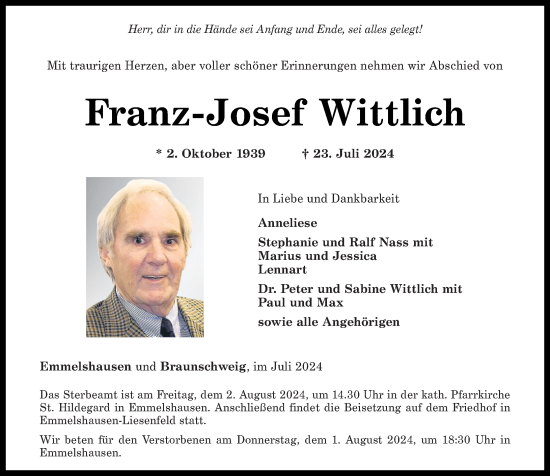 Traueranzeige von Franz-Josef Wittlich von Rhein-Hunsrück-Zeitung