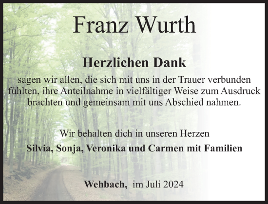 Traueranzeige von Franz Wurth von Rhein-Zeitung
