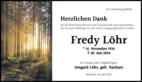 Traueranzeige von Fredy Löhr von Rhein-Zeitung