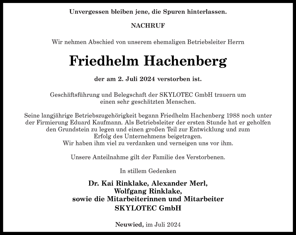  Traueranzeige für Friedhelm Hachenberg vom 13.07.2024 aus Rhein-Zeitung