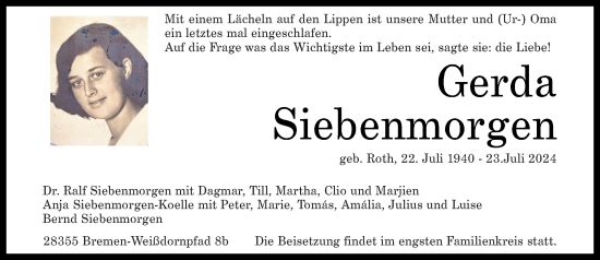 Traueranzeige von Gerda Siebenmorgen von Rhein-Zeitung