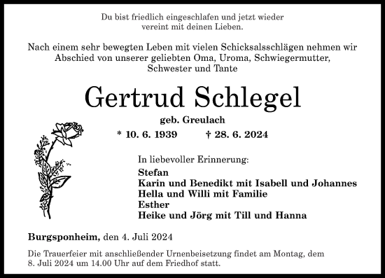 Traueranzeige von Gertrud Schlegel von Oeffentlicher Anzeiger
