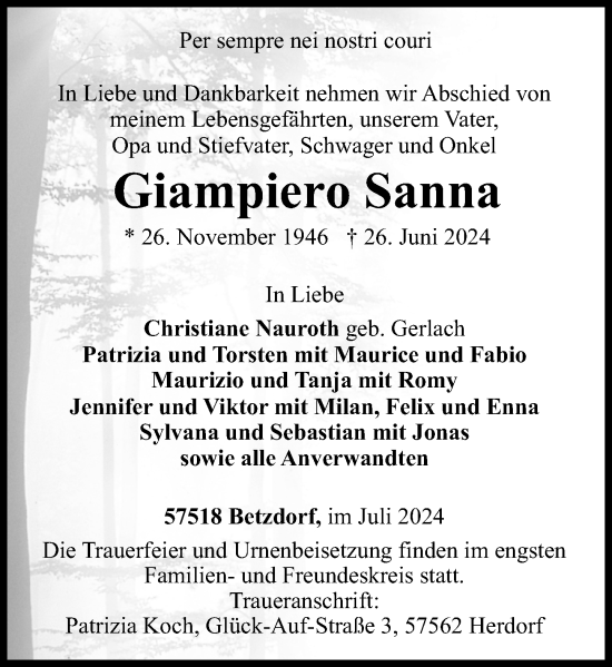 Traueranzeige von Giampiero Sanna von Rhein-Zeitung