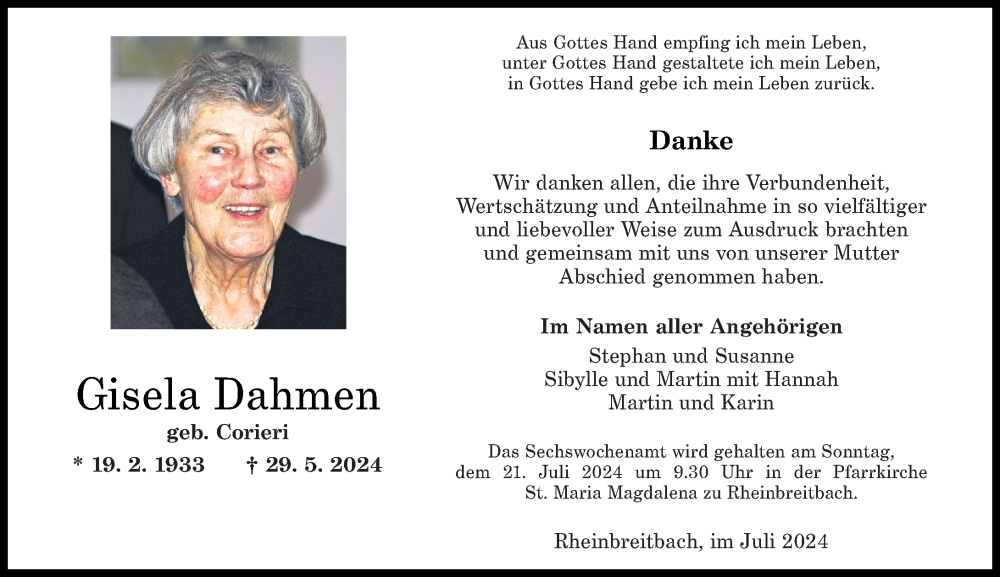  Traueranzeige für Gisela Dahmen vom 13.07.2024 aus Rhein-Zeitung