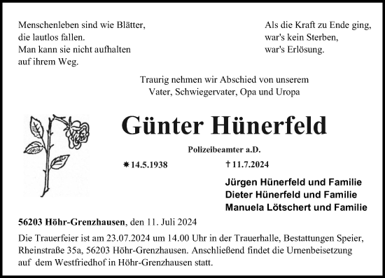 Traueranzeige von Günter Hünerfeld von Rhein-Zeitung