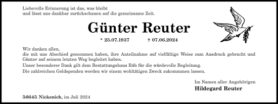 Traueranzeige von Günter Reuter von Rhein-Zeitung