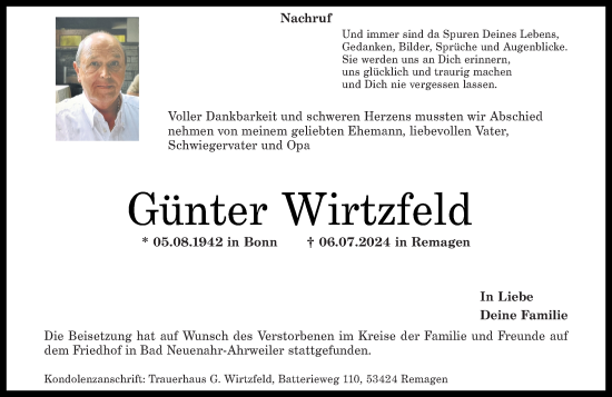 Traueranzeige von Günter Wirtzfeld von Rhein-Zeitung
