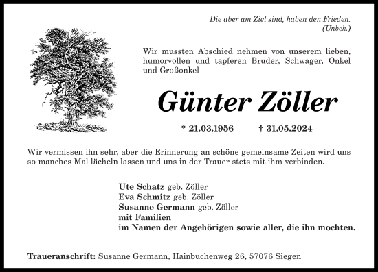 Traueranzeige von Günter Zöller von Rhein-Zeitung