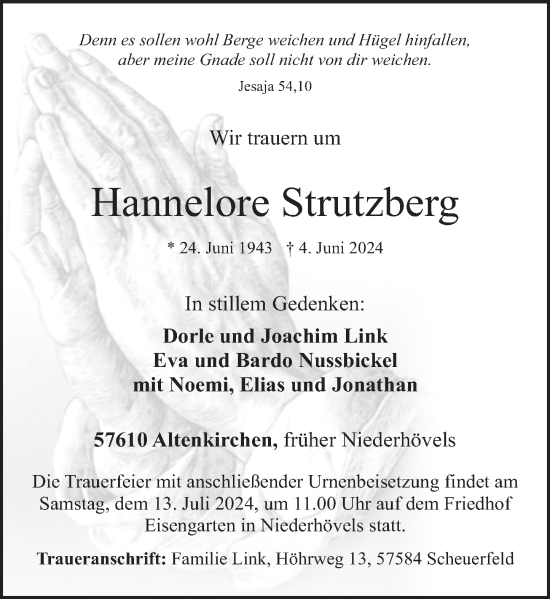 Traueranzeige von Hannelore Strutzberg von Rhein-Zeitung