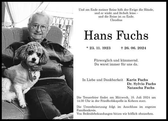 Traueranzeige von Hans Fuchs von Rhein-Zeitung