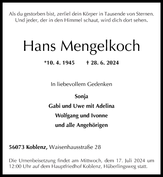 Traueranzeige von Hans Mengelkoch von Rhein-Zeitung