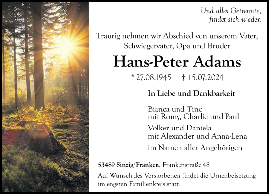 Traueranzeige von Hans-Peter Adams von Rhein-Zeitung