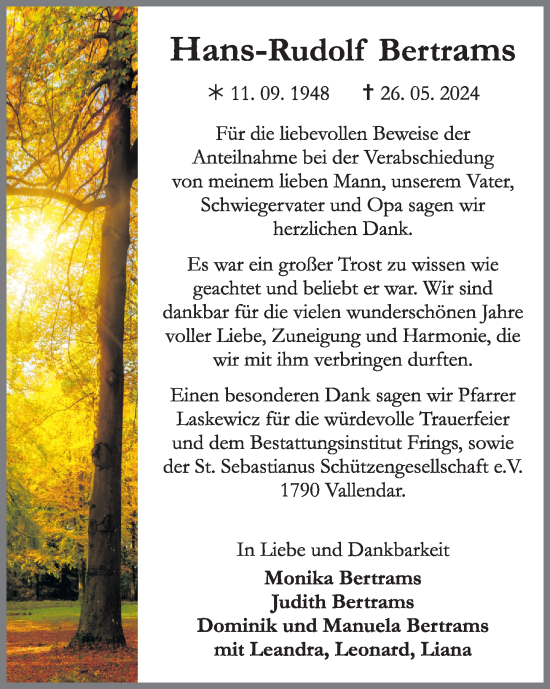 Traueranzeige von Hans-Rudolf Bertrams von Rhein-Zeitung