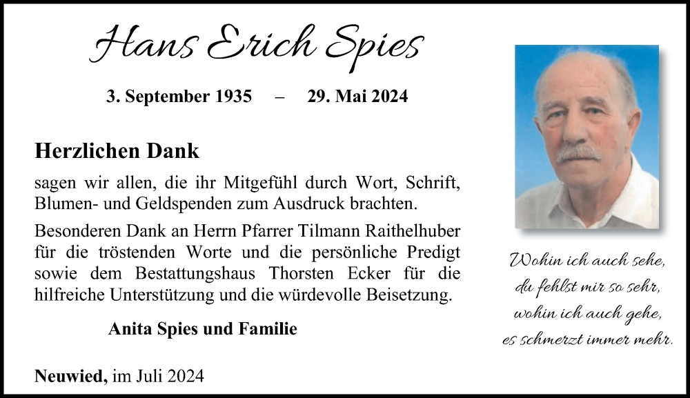  Traueranzeige für Hans Erich Spies vom 13.07.2024 aus Rhein-Zeitung