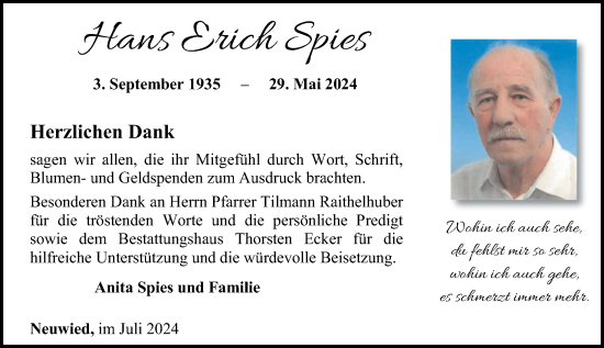 Traueranzeige von Hans Erich Spies von Rhein-Zeitung