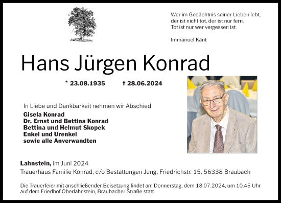 Traueranzeige von Hans Jürgen Konrad von Rhein-Zeitung