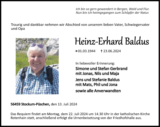 Traueranzeige von Heinz-Erhard Baldus von Westerwälder Zeitung