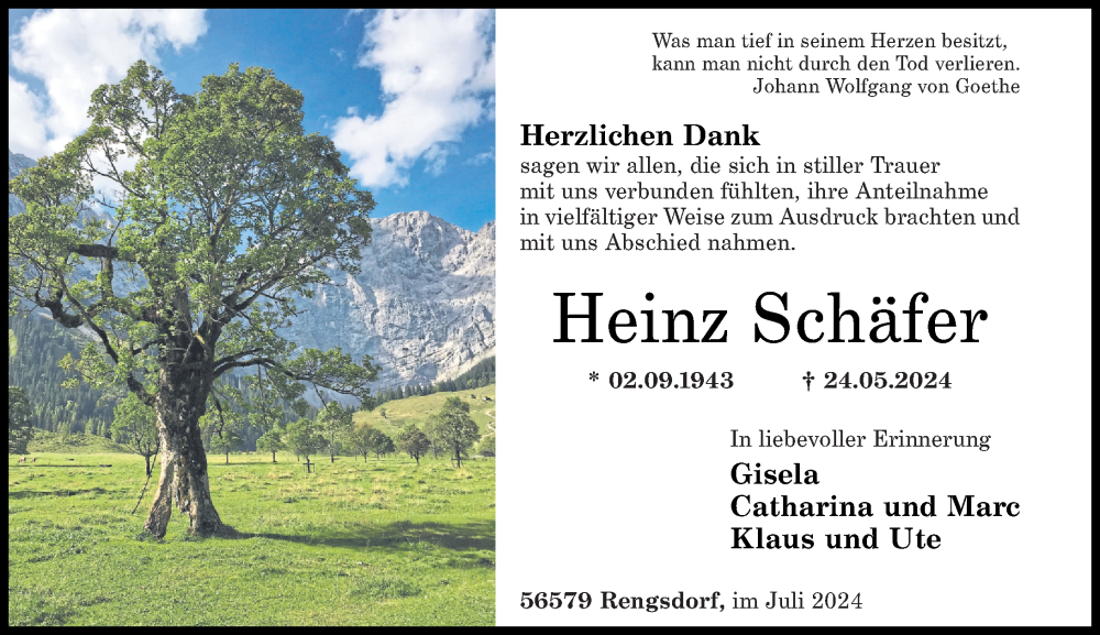 Traueranzeige für Heinz Schäfer vom 06.07.2024 aus Rhein-Zeitung