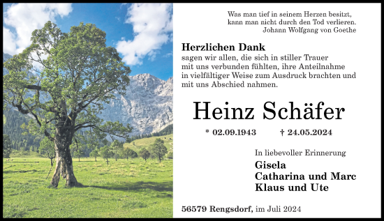 Traueranzeige von Heinz Schäfer von Rhein-Zeitung