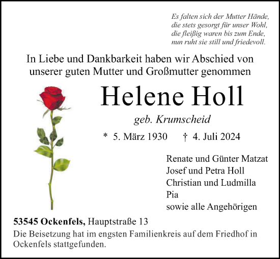 Traueranzeige von Helene Holl von Rhein-Zeitung