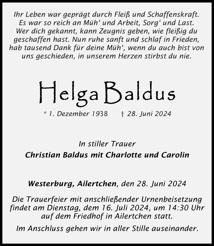  Traueranzeige für Helga Baldus vom 10.07.2024 aus Westerwälder Zeitung