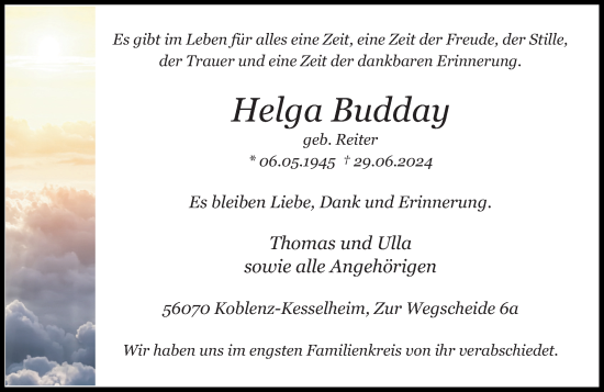 Traueranzeige von Helga Budday von Rhein-Zeitung