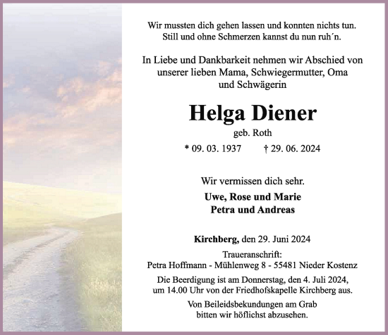 Traueranzeige von Helga Diener von Rhein-Hunsrück-Zeitung