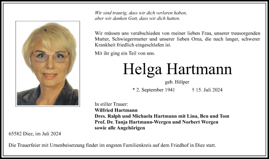 Traueranzeige von Helga Hartmann von Rhein-Lahn-Zeitung