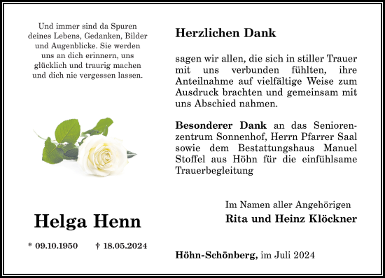 Traueranzeige von Helga Henn von Westerwälder Zeitung