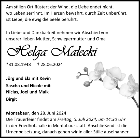 Traueranzeige von Helga Malecki von Westerwälder Zeitung