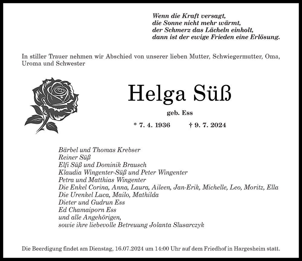 Traueranzeige für Helga Süß vom 13.07.2024 aus Oeffentlicher Anzeiger
