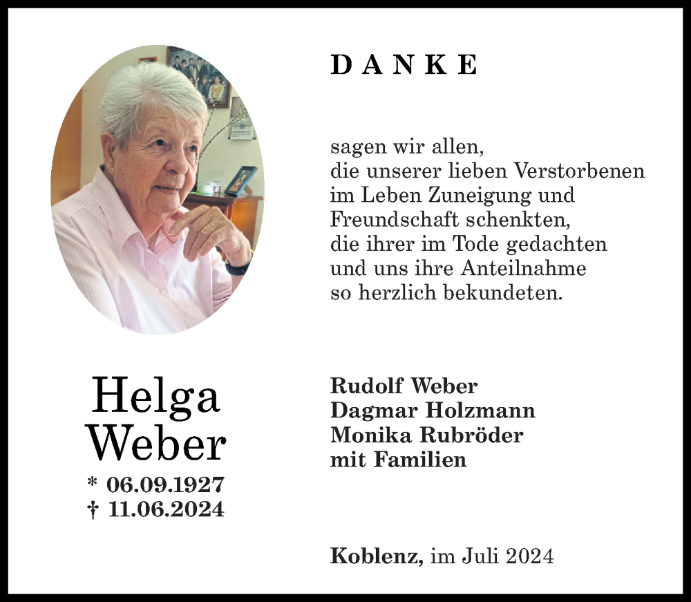  Traueranzeige für Helga Weber vom 13.07.2024 aus Rhein-Zeitung