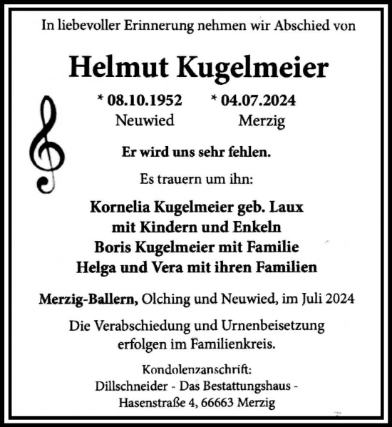 Traueranzeige von Helmut Kugelmeier von Rhein-Zeitung