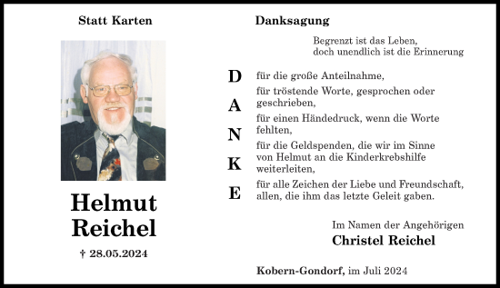 Traueranzeige von Helmut Reichel von Rhein-Zeitung