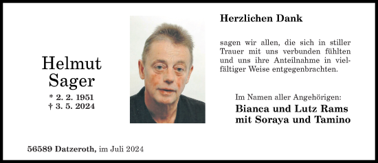 Traueranzeige von Helmut Sager von Rhein-Zeitung