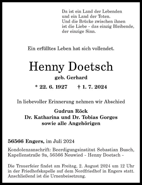 Traueranzeige von Henny Doetsch von Rhein-Zeitung