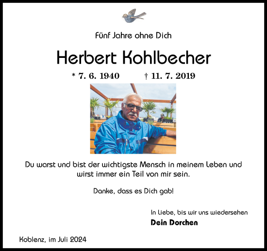 Traueranzeige von Herbert Kohlbecher von Rhein-Zeitung