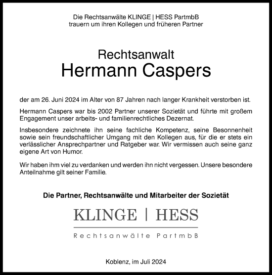 Traueranzeige von Hermann Caspers von Rhein-Zeitung, Westerwälder Zeitung
