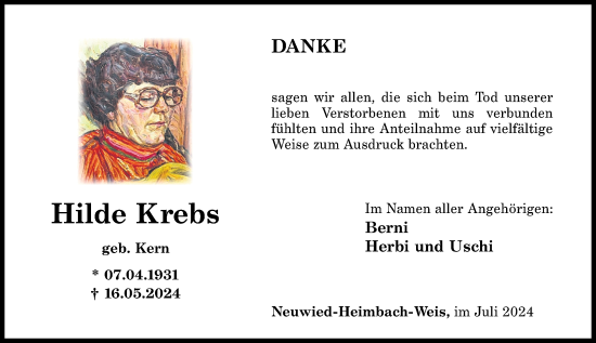 Traueranzeige von Hilde Krebs von Rhein-Zeitung