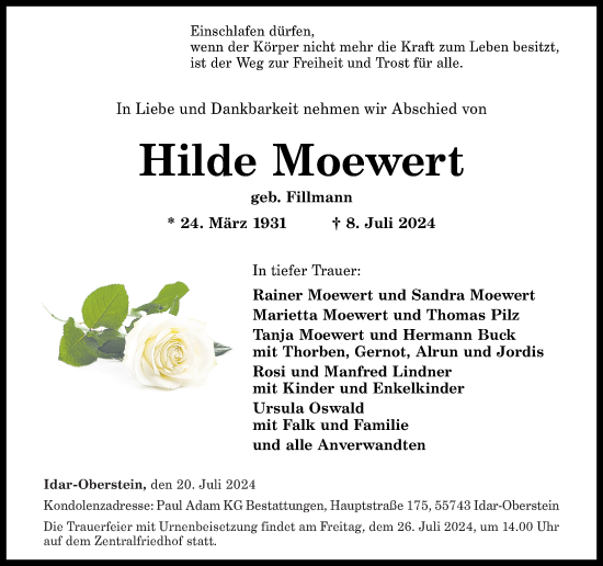Traueranzeige von Hilde Moewert von Nahe-Zeitung