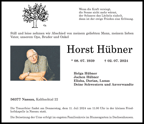 Traueranzeige von Horst Hübner von Rhein-Zeitung