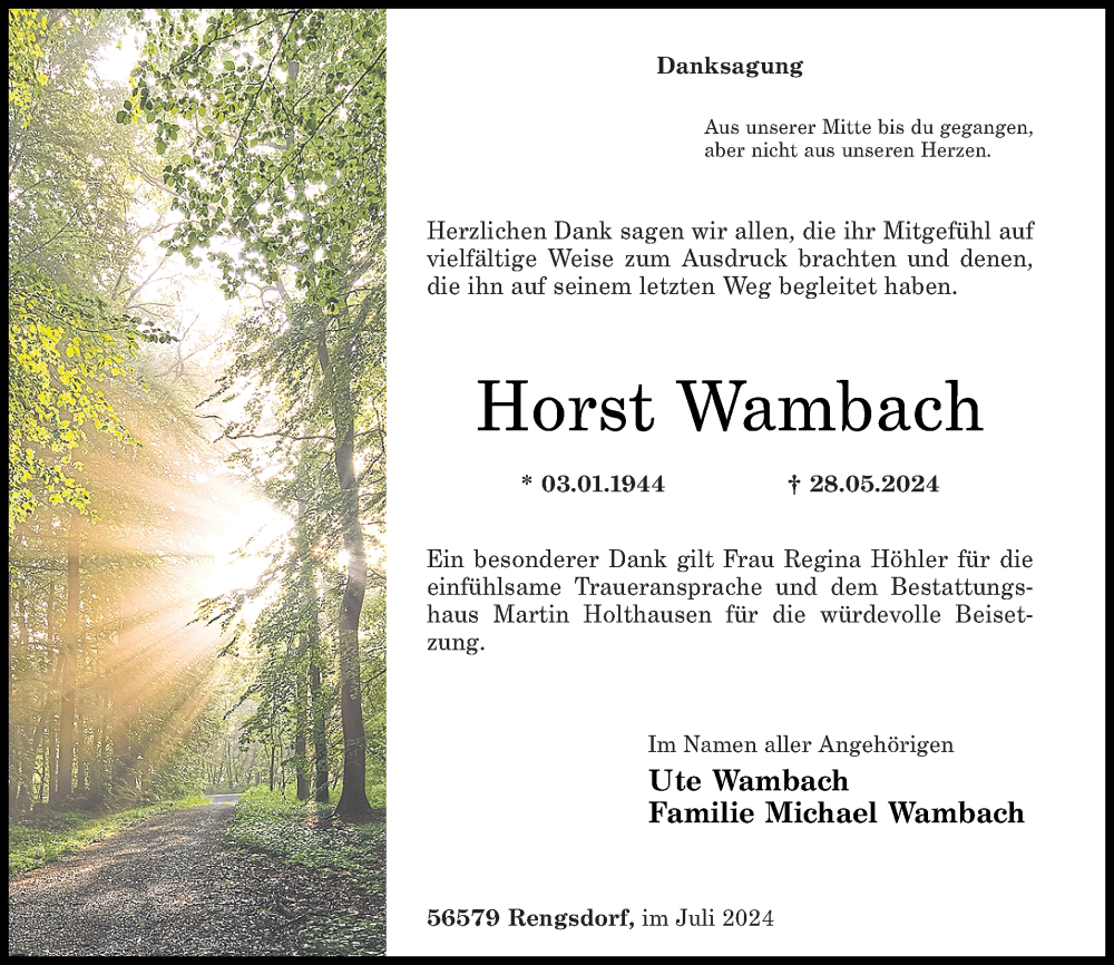  Traueranzeige für Horst Wambach vom 13.07.2024 aus Rhein-Zeitung