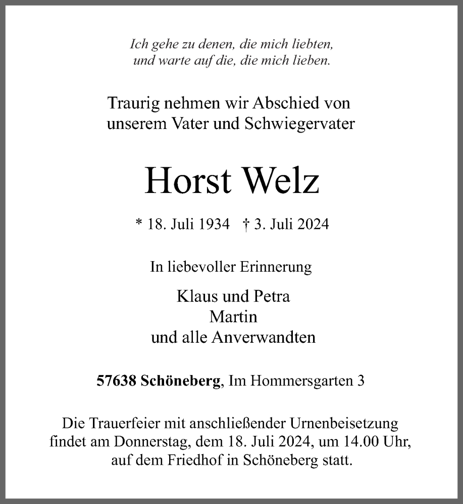  Traueranzeige für Horst Welz vom 13.07.2024 aus Rhein-Zeitung