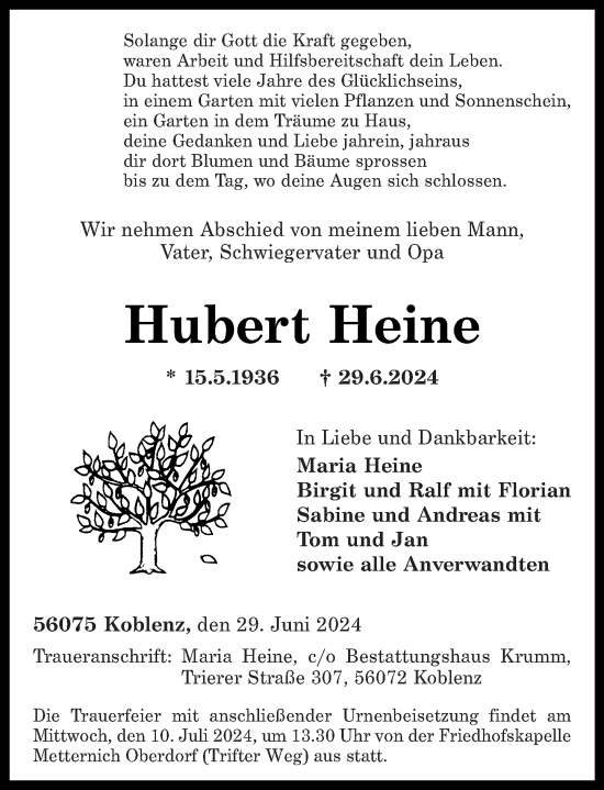 Traueranzeige von Hubert Heine von Rhein-Zeitung