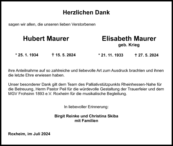 Traueranzeige von Hubert Maurer von Oeffentlicher Anzeiger