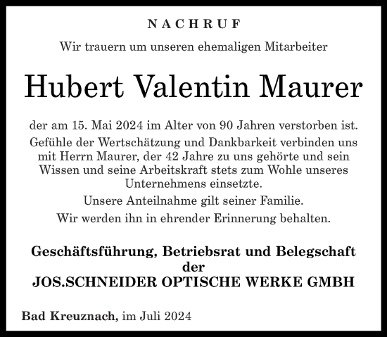 Traueranzeige von Hubert Valentin Maurer von Oeffentlicher Anzeiger