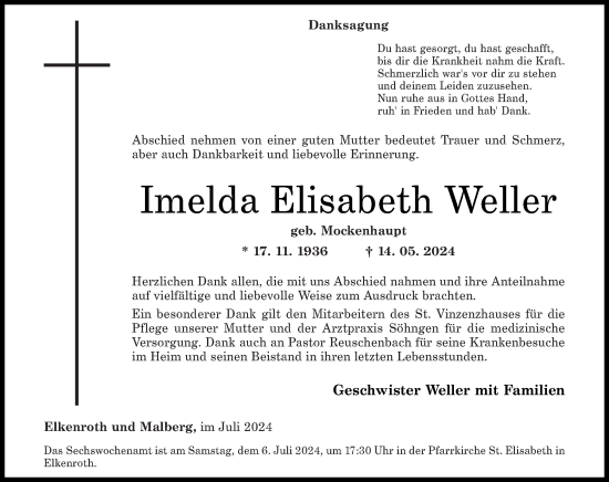 Traueranzeige von Imelda Elisabeth Weller von Rhein-Zeitung
