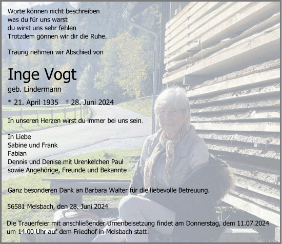 Traueranzeige von Inge Vogt von Rhein-Zeitung